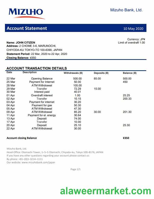 Japan Mizuho Bank statement